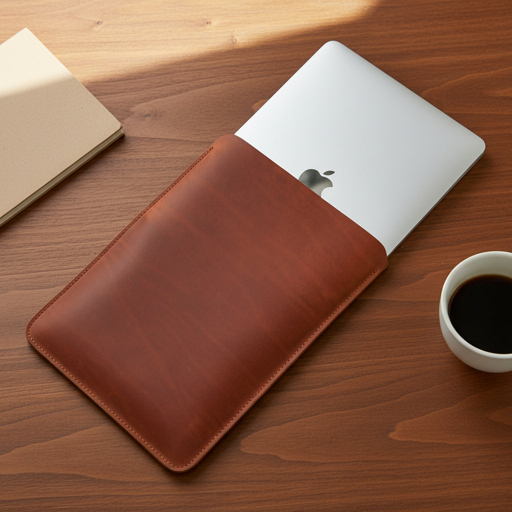 Cognac brown leather MacBook sleeve with a silver laptop on a wooden desk, next to a notebook and a cup of coffee.