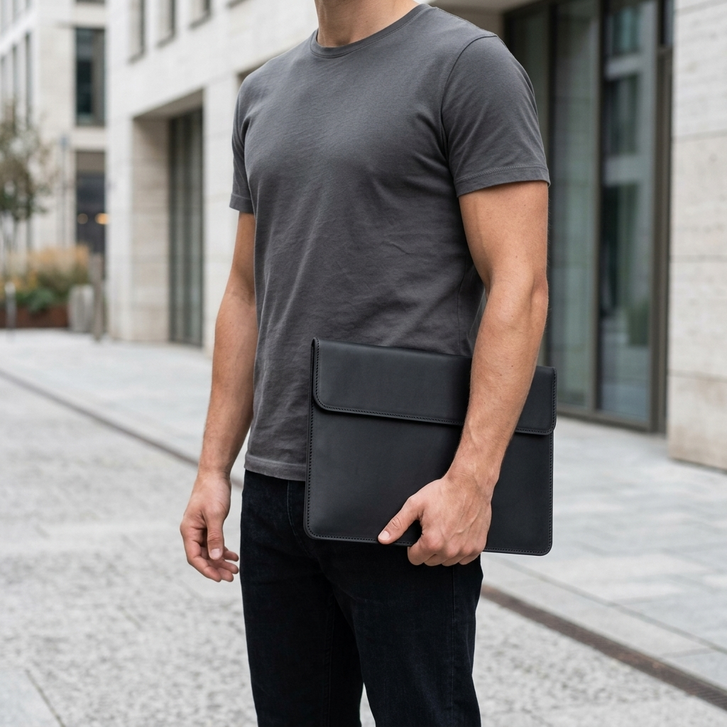 Man holding a black Crazy Horse leather MacBook sleeve with magnetic flap closure