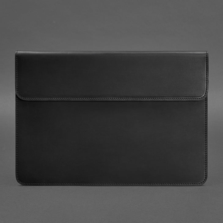 Black Crazy Horse leather MacBook sleeve with magnetic flap closure, front view