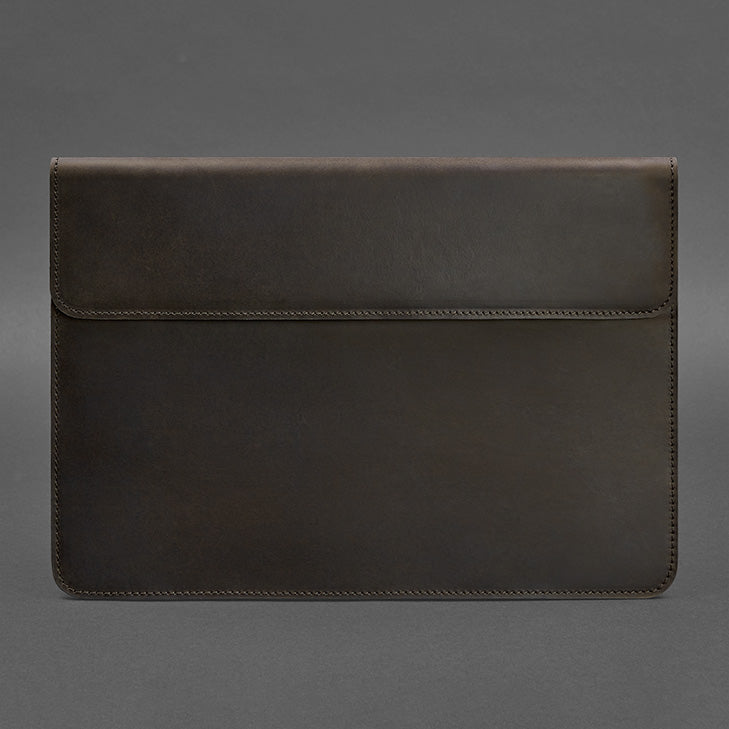 Dark chocolate Crazy Horse leather MacBook sleeve with magnetic flap closure, front view